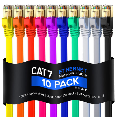 Cat 7 Ethernet Cable 10 ft - with a Flat, Space-Saving Design High-Speed Internet & Network LAN Patch Cable, RJ45 Connectors - [10ft / Multicolor / 10 Pack] - Perfect for Gaming, Streaming, and More!