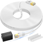 Cat 7 Ethernet Cable 50 ft, High Speed Flat Internet Cable with Extension Coupler, Shielded RJ45 Network Cable for Ethernet Network Switch, Modem, Router, Printer-Faster Than Cat6/Cat5e/Cat5-White