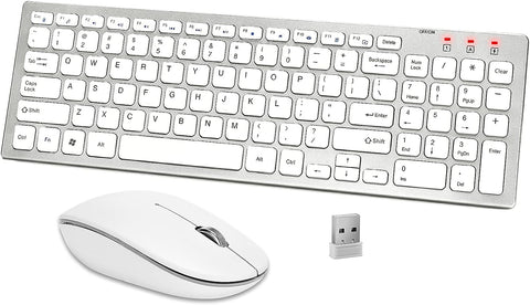 Wireless Keyboard and Mouse Combo, Ergonomic Portable Slim Keyboard Sleek 2.4 GHz USB Receiver Full Size Keyboard Mouse Set for PC Desktop Computer Tablet Smart TV Mac -White Silver