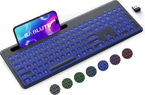 SABLUTE Wireless Keyboard with Bluetooth and 2.4GHz Mode, Backlight, Phone Holder - Light Up Rechargeable Multi-Device Keyboard with Quiet Typing for MacBook, PC, Laptop, Chromebook