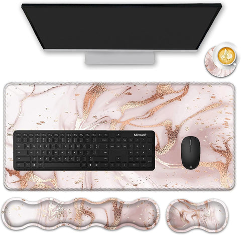 FGDRFGRW Mouse Pad Set,(31.5×11.8 in) Desk Pad + Keyboard Wrist Rest Support + Mouse Wrist Rest + Coaster for Office,Home,Computer,Laptop - 4 Rose Gold Marble