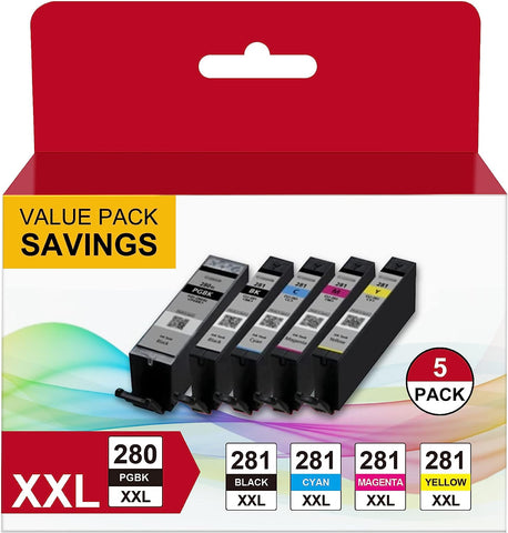 ECHALLENGE PGI-280XXL/CLI-281XXL 5-Color Value Pack Compatible Ink Cartridge Replacement for Canon 280XXL 281XXL High Yield to TR7520 TR8520 TS6120 TS6220 TS8120 TS8220 TS9120 TS9520 TS6320 (5 Pack)