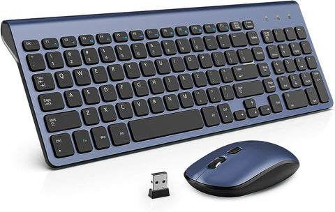 WisFox Wireless Keyboard and Mouse Combo, Energy Saving, Silent Slim Quick 2.4GHz Cordless USB Keyboard Mouse Set with Number Pad Independent On/Off Switch for PC Laptop Windows Mac (Black and Blue)