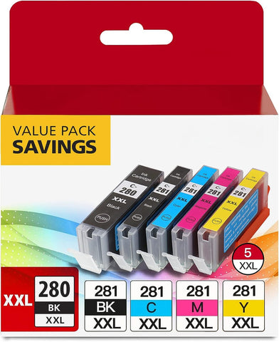 PGI-280XXL/CLI-281XXL 5 Color Value Pack Replacement for Canon 280 281 Ink Cartridges Compatible with PIXMA TR7520 TR8520 TS6120 TS6220 TS8120 TS8220 TS9120 TS9520 TS6320 TS9521C Printer