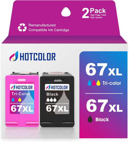 HOTCOLOR 67XL HP Printer Ink Replacement for HP 67 Ink Cartridges Black/Color Combo Pack XL for HP Envy 6055e 6000 Deskjet 2755e 4155e deskjet Plus 4155 4158 4152 Envy Pro 6455 6452 6400 (1+1, 2PK)