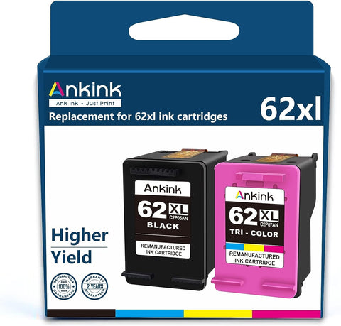 Ankink 62 Ink cartridges Higher Yield Replacement for hp62 62XL Combo Black Color XL Envy 7640 5660 5540 7645 5640 7644 OfficeJet 5740 200 250 5745 8040 Printer Ink Tricolor 2 Pack c2p07an