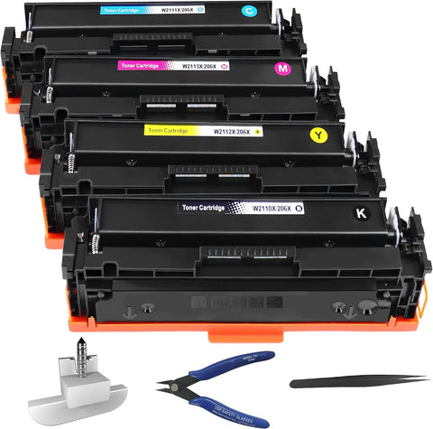 Vikua 206X Toner Cartridges 4 Pack High Yield No Chip, Compatible with Color Laserjet Pro M255dw M255nw MFP M282nw M283cdw M283fdn M283fdw Printers, Black Cyan Yellow Magenta, with Chip Tools