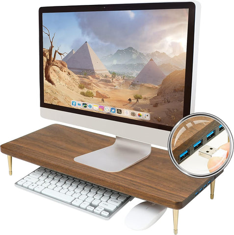 CRAFT KITTIES Monitor Stand with 4 USB Ports Walnut Wood Riser for iMac Laptop Computer Monitor – A Sturdy Computer Stand to Elevate Your Screen and Reduce Eye Strain and Maintain Body Position