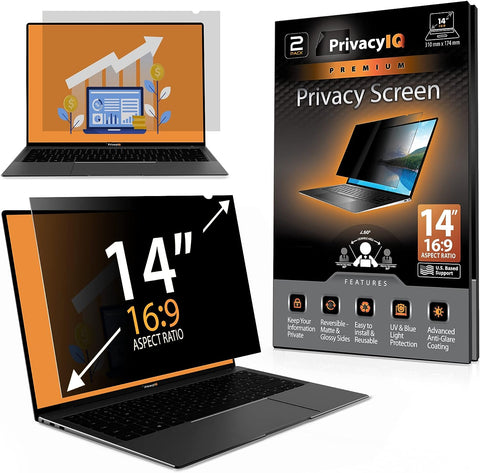 Privacy IQ 14" Inch (2 Pack) Laptop Privacy Screen-Filter for 16:9 Widescreen Display; 60 Degree Privacy, Advanced Anti-Glare, UV Light Reduction & Blue Light Filter