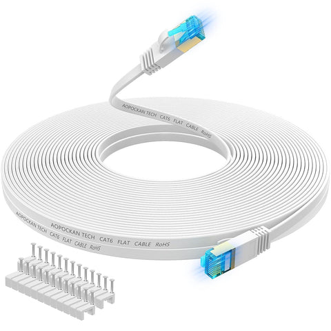 Cat 6 Ethernet Cable 50 ft,Flat Internet Network LAN Patch Cords – Solid Cat6 High Speed Computer Wire with Clips - Snagless Rj45 Connectors for Modem,Router,PS4 – Faster Than Cat5/Cat5e - 50ft White