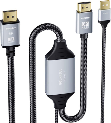 8K HDMI 2.1 to DisplayPort 1.4 Adapter Cable USB Powered 6.6ft, BolAAzuL Newly HDMI to DP Cable 8K/30Hz 4K/120Hz 2K/144Hz, HDMI Source to Display Port Monitor Video Converter Cable 2m Braided -H21DP14