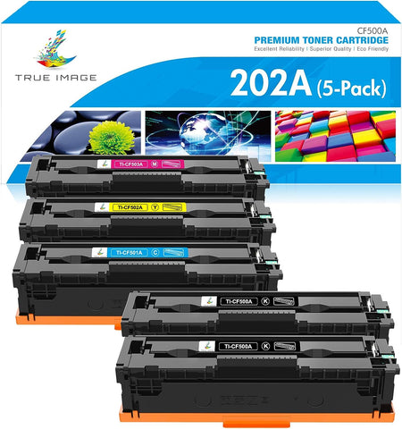 TRUE IMAGE Compatible Toner Cartridge Replacement for HP 202A CF500A 202X Color Pro MFP M281fdw M281cdw M254dw M281fdn M254dn M254nw M281 M254 Toner Printer Ink (Black Cyan Yellow Magenta, 5-Pack)