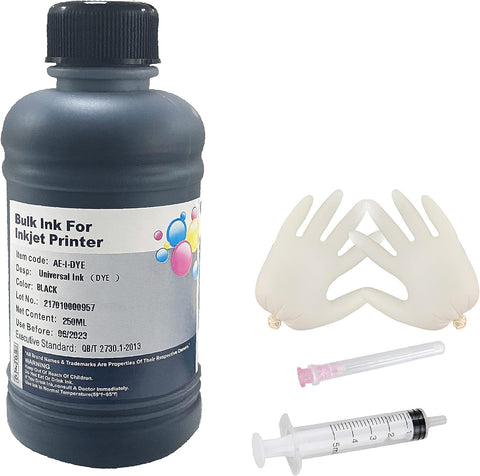 AYMSous Black Ink Universial Refill Ink Kit Dye Ink 250ml Work for Canon HP Epsn Brother Injet Printers Refillable Cartridge CISS CIS System (9 oz) with Syringe&Glove