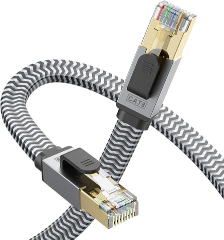 Flat Cat 8 Ethernet Cable 50ft, Morlecs Nylon Braided High Speed 40Gbps 2000Mhz SFTP Heavy Duty Cat8 Network LAN Patch Cord,RJ45 Cable Shielded for Gaming, PS17, Xbox, Modem, Router, PC, Laptop
