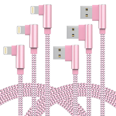 ANSEIP iPhone Charger Cord Lightning Cable 10 FT 3Pack 90 Degree Long Nylon Braided USB Fast Charging Cable Data Sync Cord Compatible with iPhone 13/13 Pro/12/11 Pro Max/XS MAX/XR/XS/X/8/7/6 (Rose)