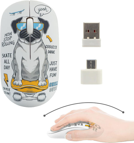 Volkano Silent Mouse Wireless for Kids, 2.4GHz Cordless Optical Mouse - Type-C/USB-A Mouse for Laptop, Cute Wireless Mouse, Wireless Mouse for Macbook Pro, Macbook Air Mouse (Skater Pug Pattern)