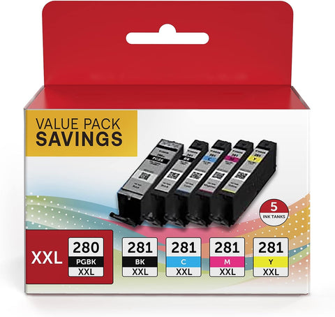 PGI-280XXL/CLI-281XXL Compatible Ink Cartridge Replacement for Canon Ink 280 and 281 Cartridge High Yield Use to TR7520 TR8520 TR8500 TR8600 TR8620 TS6120 TS6220 TS9120 (5 Value Pack)