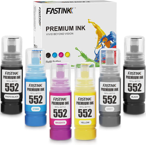 FASTINK Compatible 552 Refill Ink Replacement for 552 T552 for EcoTank ET8500 ET8550 ET-8500 ET-8550, (Not Sublimation Ink) 6 Pack(Black/Photo Black/Cyan/Magenta/Yellow/Gray)