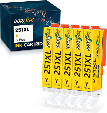 DOREINK Compatible 251 251XL 251 XL CLI-251XL CLI 251 Yellow Ink Cartridges for Canon PIXMA MX922 MG7520 MG5520 MG6620 IP8720 MG5420 MG6320 Printer (5 Yellow, 5 Pack)