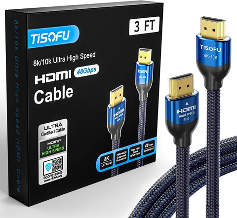 TISOFU [Ultra Certified] 8K HDMI Cable 3FT: HDMI 2.1 Cables 48Gbps High Speed Premium Braided Cord 8K@60Hz 4K@120Hz 4K@144Hz HDCP 2.2&2.3 CL3 ARC eARC Dolby - HD/HDR/HDTV/PS5/PS4/Xbox