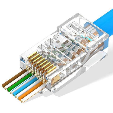 LEENUE RJ45 CAT5E Pass Through Connector 100-Pack, UL-Listed CAT5E/CAT5 Ethernet Modular Plug 50u'' Gold Plated for Solid or Stranded UTP Network Cable