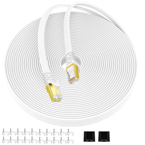 CAT7 Shielded Ethernet Cable with Barrier-Free RJ45 Connector for modems, routers, LAN, Computers 25FT 50FT 75FT 100FT White Flat Network Cable high Speed Cable Distribution Cable Clips (50FT)