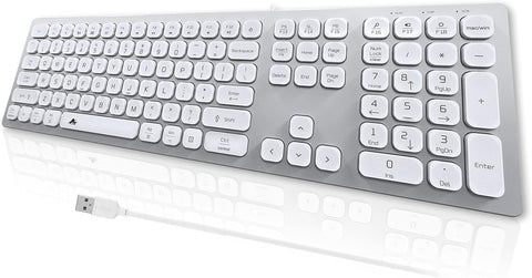 POWZAN Quiet Mac Wired Keyboard, Slim USB Chiclet Style Keyboard for Mac and Windows Compatible with Apple iMac, MacBook, Mac and PC Laptop, Full-Size Keyboard Numeric Keypad - Silver White