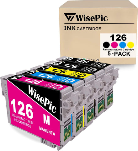 WisePic 5 Pack T126 Remanufacture Ink Cartridge Replacement for Epson 126 T126 for Workforce 435 520 545 635 645 845 WF-3520 WF-3530 WF-3540 WF-7010 WF-7510 WF-7520 (2 Black 1 Cyan 1 Magenta 1 Yellow)