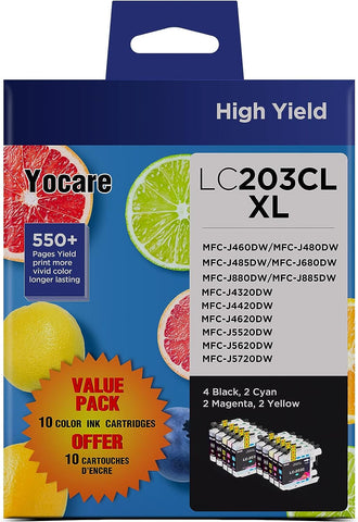 Yocare LC203XL Ink Cartridges Compatible with Brother LC203 XL High Yield Cartridges to use with MFC-J480DW MFC-J880DW MFC-J4420DW MFC-J680DW MFC-J885DW (4 Black, 2 Cyan, 2 Magenta, 2 Yellow 10 Pack)