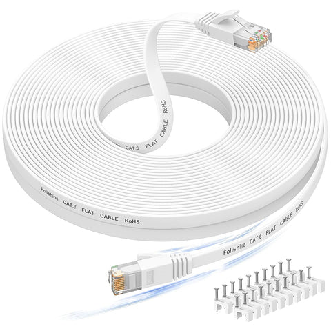 60 ft Ethernet Cable, Cat 6e/Cat 6 Long Internet Cable with Snagless Rj45 Connector, High Speed Patch Cord Than Cat 5e/Cat 5, Flat White Shielded LAN Cable for Network Switch, PS4 and Modem