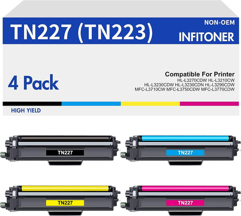 TN227 High Yield Toner Cartridge 4 Pack TN223BK/C/M/Y Compatible for Brother TN-227BK/C/M/Y High Yield Replacement for MFC-L3750CDW MFC-L3770CDW HL-L3290CDW HL-L3210CW HL-L3230CDW MFC-L3710CW Printer