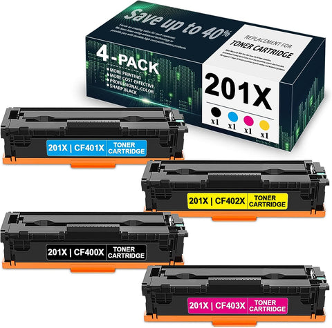 4 Pack (1BK+1C+1M+1Y) Compatible 201X | CF400X CF401X CF403X CF402X Toner Cartridge Replacement for HP Color Pro M252dw M252n MFP M277n M277dw M277c6 M274n Printers