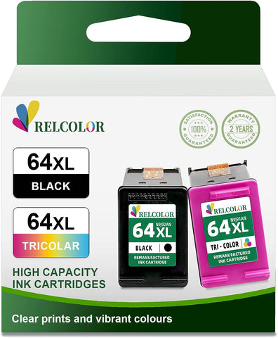 Relcolor 64XL Ink Cartridge Replacement for HP 64 XL 64XL HP64 HP64XL Black Color Combo Pack Compatible with Envy 7855 7155 7858 7800 7100 6255 6252 6232 7120 7158 7164 7955e Tango X Printer (2 Pack)