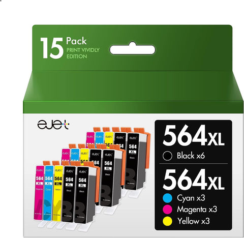 564XL Ink Cartridges Combo Pack Replacements 564 XL Ink for HP564 Compatible for HP PhotoSmart 7520 6520 5520 DeskJet 3520 3521 OfficeJet 4620 4622 Printer (15 Pack,6 Black,3 Cyan,3 Magenta,3 Yellow)