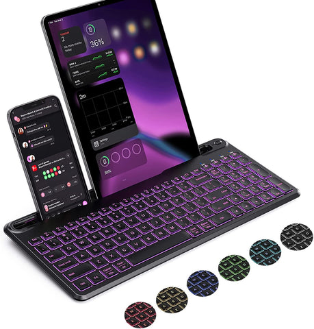 seenda Backlit Multi-Device Bluetooth Keyboard for Tablet Phone Computer - Wireless Illuminated Rechargeable Keyboard with Number Pad Connect Up to 4 Devices Compatible Mac Android iOS Windows