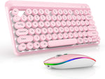 TENMOS T302 Wireless Keyboard Mouse Combo, 2.4GHz Rechargeable Retro Keyboard and Silent Optical LED Wireless Mouse Set with Round Keycaps for Laptop, Computer (Pink)