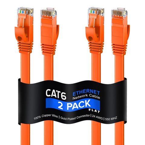 Cat 6 Ethernet Cable 25 ft - with a Flat, Space-Saving Design High-Speed Internet & Network LAN Patch Cable, RJ45 Connectors - [25ft / Orange / 2 Pack] - Perfect for Gaming, Streaming, and More!