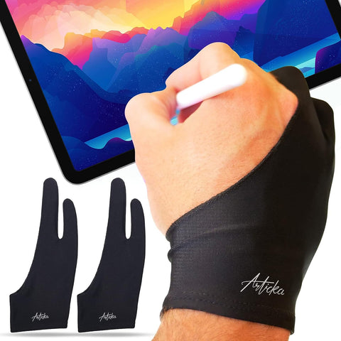 Articka Artist Glove for Drawing Tablet, iPad (Smudge Guard, Two-Finger, Reduces Friction, Elastic Lycra, Good for Right and Left Hand) (Small, Black 2-Pack)