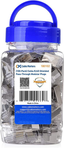 Cable Matters 100-Pack Cat 6A Shielded Pass Through RJ45 Connectors (Cat 6A Ends / Cat6A Connector / RJ45 Modular Plugs/Ethernet Plugs/Network Connector) for Solid or Stranded S/FTP Ethernet Cable