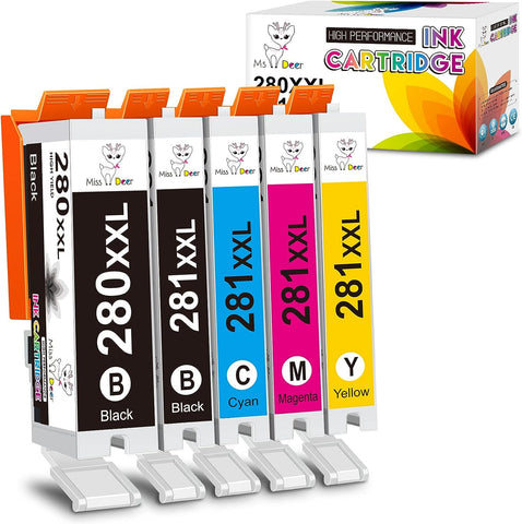 Miss Deer Compatible Ink Cartridge Replacement for Canon 280 281 PGI-280XXL CLI-281XXL for Canon Pixma TR8520 TR7520 TS6120 TS6220 TS6320 TS6300 TS6200 TS6100 TS9520 TS9521C Printer Ink (5 Pack)