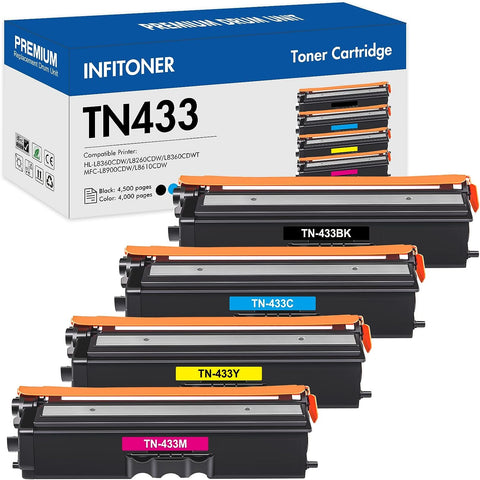 TN433 TN-433 Toner Cartridge 4-Pack Replacement for Brother TN 433 TN433BK TN433C TN433M TN433Y TN-431 TN431 for MFC-L8900CDW HL-L8360CDW HL-L8260CDW MFC-L8610CDW HL-L8360CDWT Printer