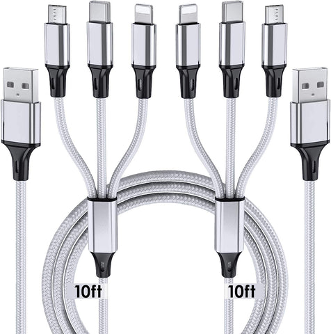 Multi Charging Cable, 10ft 2Pack Multi Phone Charger Cable Braided Universal 3 in 1 Charging Cord Extra Long Multiple USB Cable with USB C, Micro USB Port Connectors for Cell Phones and More