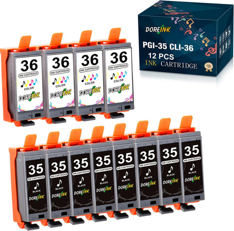 DOREINK 35 36 Compatible PGI-35 CLI-36 Ink Cartridge for Canon PGI-35 CLI-36 PGI35 CLI36 to use with Pixma iP110 iP100 TR150 Mini260 Mini320 Printer(8 Black, 4 Tri-Color) 12 Pack