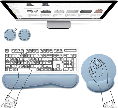 AtailorBird Mouse Pad with Wrist Support, Keyboard Wrist Rest, Durable Comfortable 2 Set with Non-Slip Base for Laptop Office Gaming Working Online Study, 2 Piece Free PU & Cork Coasters, Blue