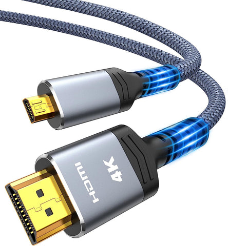 Highwings 4K Micro HDMI to HDMI Cable 10FT, Micro Male to HDMI Male Cable Nylon Braided Cord Adapter 2.0 4K@60HZ 2K@165HZ 18Gbps Compatible with Laptop Camera Connected to Monitor Projector 10FT Grey