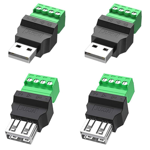 Jienk 4Packs USB 2.0 Type A Male/Female to 4 Pin Screw Terminal Block Connector, Portable Pluggable Type Adapter Connector Converter 300V 8A