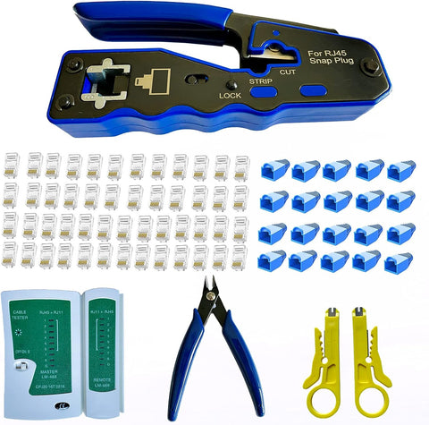 Rj45 Crimp Tool Kit Pass Through and Standard Cat6 Cat6A Cat5 Cat5e rj45 Crimping Tool with 50pcs rj45 Cat6 Pass Through Connectors, 20pcs Covers, 1 Network Cable Tester, 2 Wire Strippers, 1 Cutter