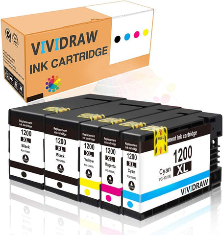 VIVIDRAW Compatible Ink Cartridge Replacement for Canon PGI-1200XL PGI-1200 XL 1200XL use with Maxify MB2320 MB2020 MB2350 MB2050 MB2120 MB2720 Printer (2 Black, 1 Cyan, 1 Magenta, 1 Yellow, 5 Pack)