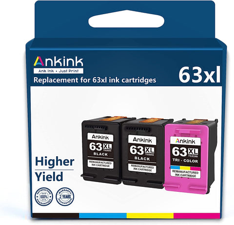 Ankink 4X Capacity 63XL Ink Cartridges 2 Black and Color Combo Pack for HP Ink 63 XL Officejet 3830 4650 4652 4655 5200 5252 5255 5258 Envy 4520 4512 Deskjet 1112 2132 3630 3632 Printer HP63 HP63XL