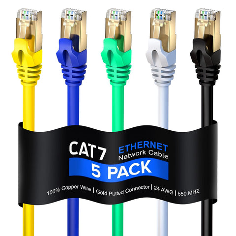 Cat 7 Ethernet Cable 6 ft - High-Speed Internet & Network LAN Patch Cable, RJ45 Connectors - [6ft / Multicolor / 5 Pack] - Perfect for Gaming, Streaming, and More!